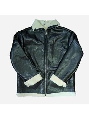 Black pleather bomber jacket with white fur lining